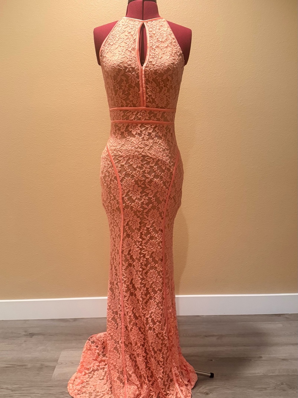 Lace Halter Evening Gown in Coral